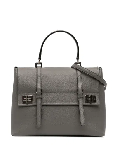 Pre-owned Prada 2010-2025 Saffiano Cuir Double Turnlock Satchel In Gray