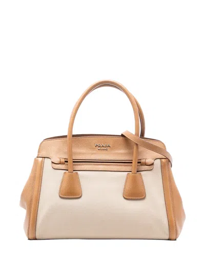 Pre-owned Prada 2010-2025 Saffiano Cuir Trimmed Canapa Satchel In Brown