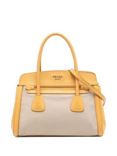 Pre-owned Prada 2010-2025 Saffiano Cuir Trimmed Canapa Satchel In Brown