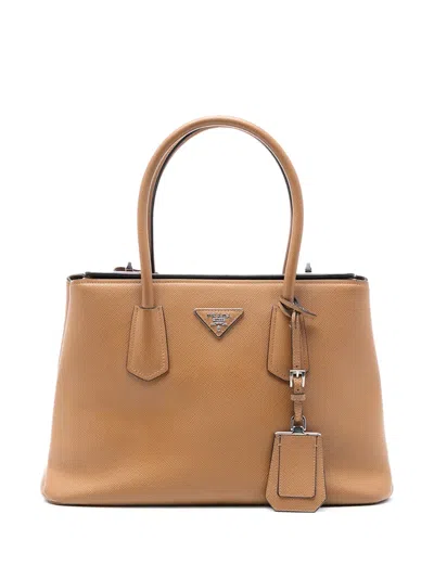 Pre-owned Prada 2010-2025 Saffiano Cuir Turnlock Twin Satchel In Brown