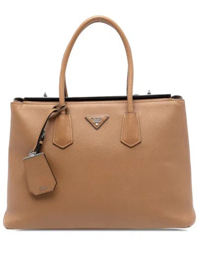 Pre-owned Prada 2010-2025 Saffiano Cuir Turnlock Twin Satchel In Brown