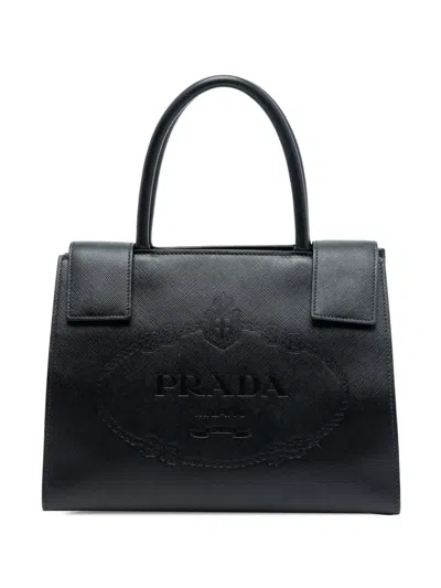 Pre-owned Prada 2010-2025 Saffiano Lux Embossed Logo Convertible Tote Satchel In Black