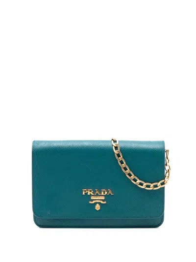 Pre-owned Prada 2010-2025 Saffiano Lux Wallet On Chain Crossbody Bag In Blue