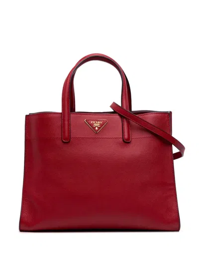 Pre-owned Prada 2010-2025 Saffiano Soft Triple Pocket Tote Satchel In Red