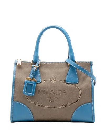 Pre-owned Prada 2010-2025 Saffiano Trimmed Canvas Canapa Logo Double Zip Satchel In Brown