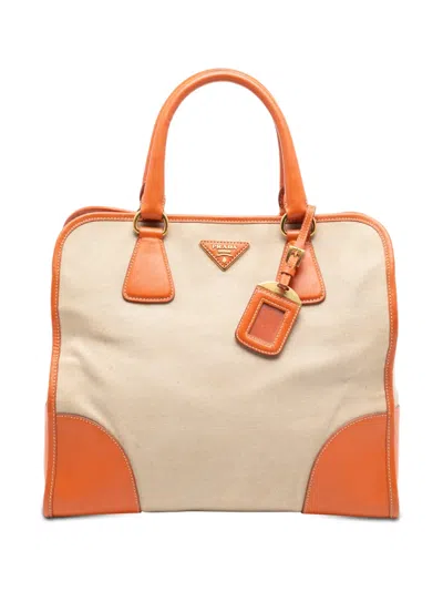 Pre-owned Prada 2010-2025 Saffiano Trimmed Canvas Canapa Satchel In Brown