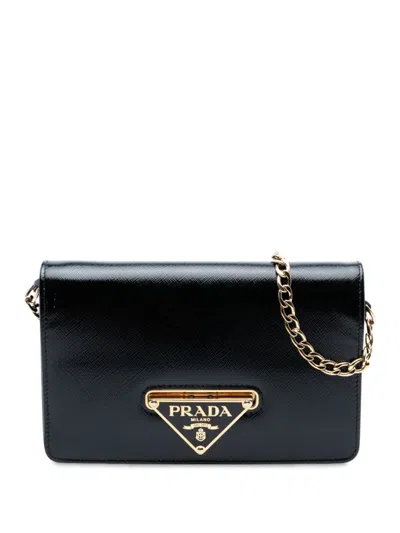 Pre-owned Prada 2010-2025 Saffiano Vernice Flip Lock Wallet On Chain Clutch Crossbody Bag In Black