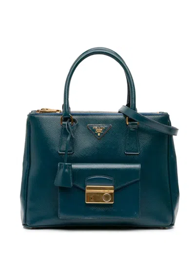 Pre-owned Prada 2010-2025 Saffiano Vernice Galleria Double Zip Front Pocket Satchel In Blue