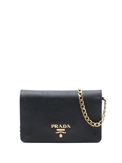 Pre-owned Prada 2010-2025 Saffiano Wallet On Chain Crossbody Bag In Black