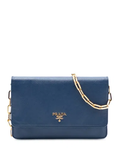 Pre-owned Prada 2010-2025 Saffiano Wallet On Chain Crossbody Bag In Blue