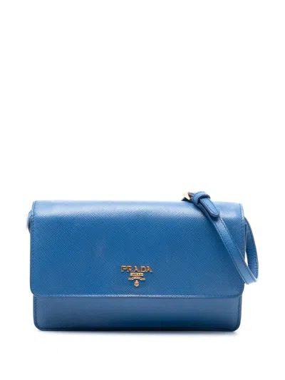 Pre-owned Prada 2010-2025 Saffiano Wallet On Strap Crossbody Bag In Blue
