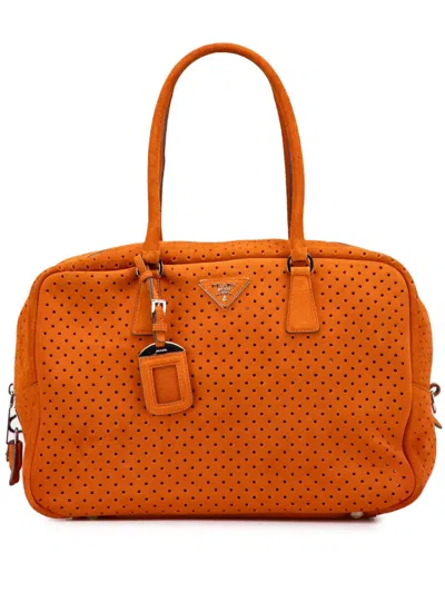 Pre-owned Prada 2010-2025 Scamosciato Perforated Bauletto Shoulder Bag In Orange