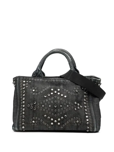 Pre-owned Prada 2010-2025 Small Denim Canapa Bijoux And Grommet Satchel In Blue