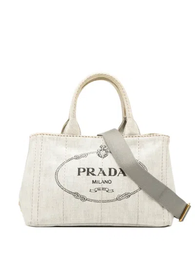 Pre-owned Prada 2010-2025 Small Denim Canapa Logo Satchel In Gray