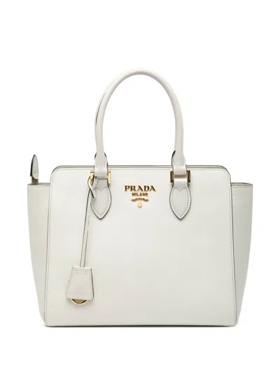 Pre-owned Prada 2010-2025 Small Soft Calf Trimmed Saffiano Zippered Tote Satchel In White