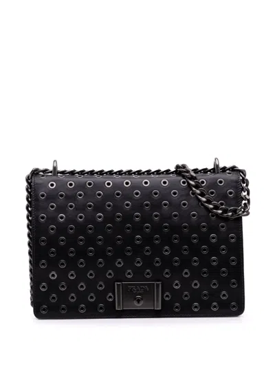 Pre-owned Prada 2010-2025 Soft Calf Grommet Lock Flap Chain Crossbody Bag In Black