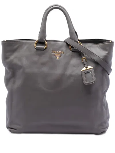 Pre-owned Prada 2010-2025 Soft Calf Open Convertible Tote Satchel In Gray