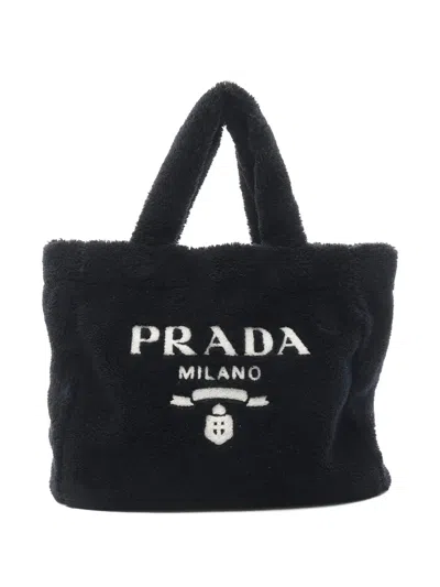 Pre-owned Prada 2010-2025 Spugna Terry Cloth Logo Tote Bag In Black