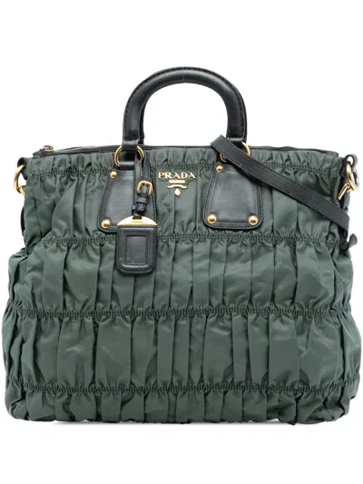 Pre-owned Prada 2010-2025 Tessuto Gaufre Tote Satchel In Green
