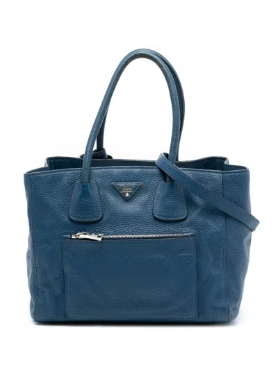 Pre-owned Prada 2010-2025 Vitello Daino Front Pocket Open Convertible Tote Satchel In Blue