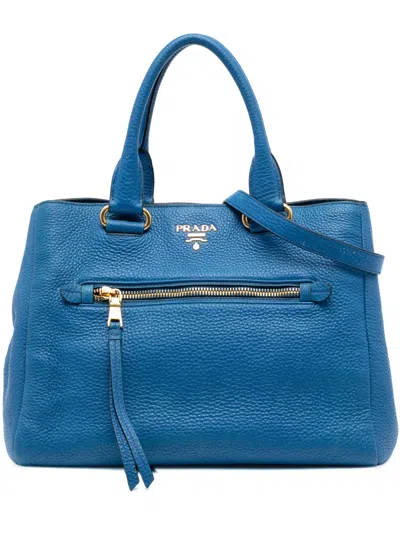 Pre-owned Prada 2010-2025 Vitello Daino Open Convertible Tote Satchel In Blue