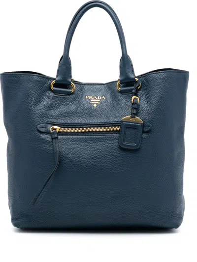 Pre-owned Prada 2010-2025 Vitello Daino Open Convertible Tote Satchel In Blue