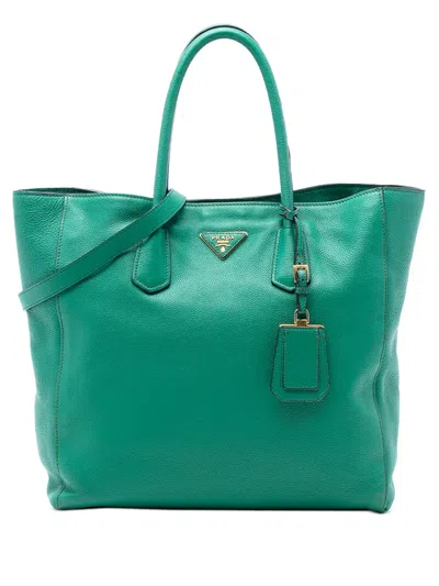 Pre-owned Prada 2010-2025 Vitello Daino Open Convertible Tote Satchel In Green