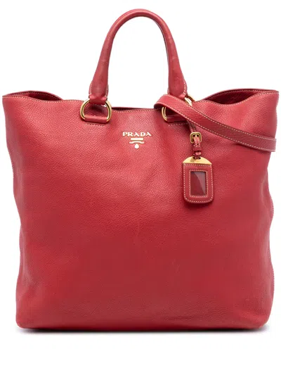 Pre-owned Prada 2010-2025 Vitello Daino Open Convertible Tote Satchel In Red