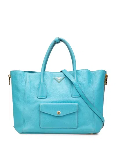 Pre-owned Prada 2010-2025 Vitello Daino Side Zip Twin Pocket Open Convertible Tote Satchel In Blue