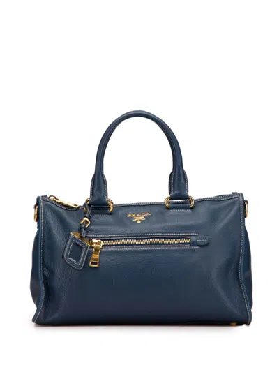 Pre-owned Prada 2010-2025 Vitello Daino Zip Top Satchel In Blue