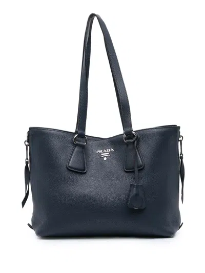 Pre-owned Prada 2010-2025 Vitello Phenix Side Zip Shopper Tote Bag In Blue