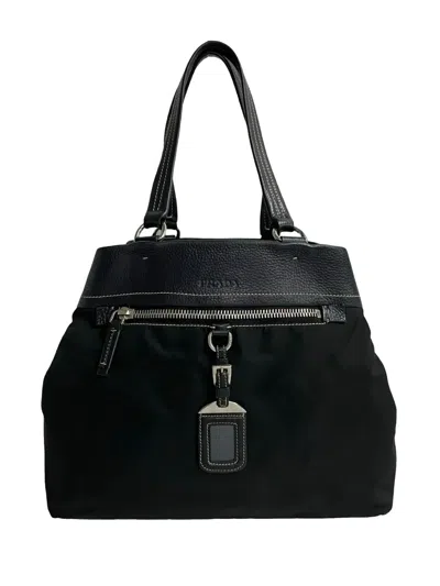 Pre-owned Prada 2010-2025 Vitello Trimmed Tessuto Tote Bag In Black