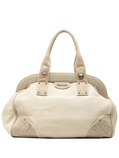 Pre-owned Prada 2010-2026 Canvas Canapa Mistolino Frame Satchel In White