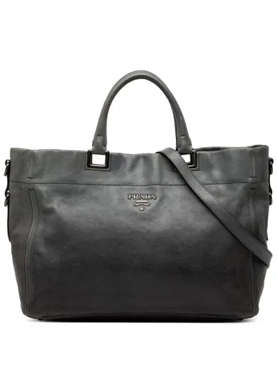 Pre-owned Prada 2010-2026 Glace Calf Open Convertible Tote Satchel In Blue