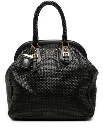 Pre-owned Prada 2010-2026 Goatskin Woven Madras Frame Tote Bag In Black
