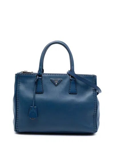 Pre-owned Prada 2010-2026 Medium City Calf Hand Stitched Galleria Double Zip Satchel In Blue