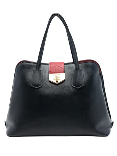 Pre-owned Prada 2010-2026 Saffiano Cuir Convertible Top Handle Bag Satchel In Black