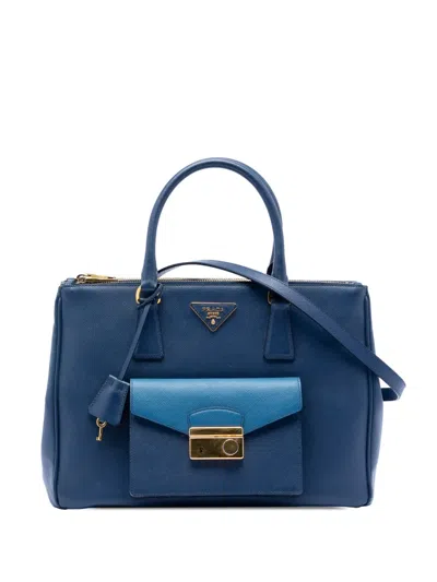 Pre-owned Prada 2010-2026 Saffiano Lux Galleria Double Zip Front Pocket Satchel In Blue