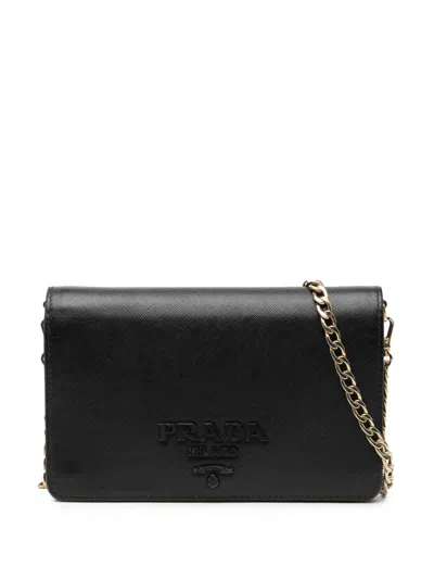 Pre-owned Prada 2010-2026 Saffiano Lux Monochrome Wallet On Chain Crossbody Bag In Black