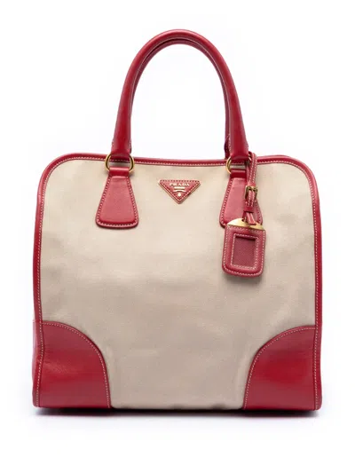 Pre-owned Prada 2010-2026 Saffiano Trimmed Canvas Canapa Satchel In Brown