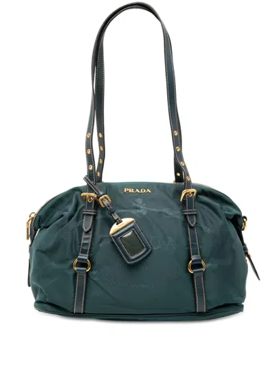 Pre-owned Prada 2010-2026 Saffiano Trimmed Tessuto Logo Satchel In Blue