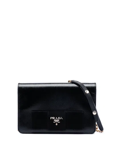Pre-owned Prada 2010-2026 Saffiano Vernice Fiocco Bow Wallet On Chain Crossbody Bag In Black