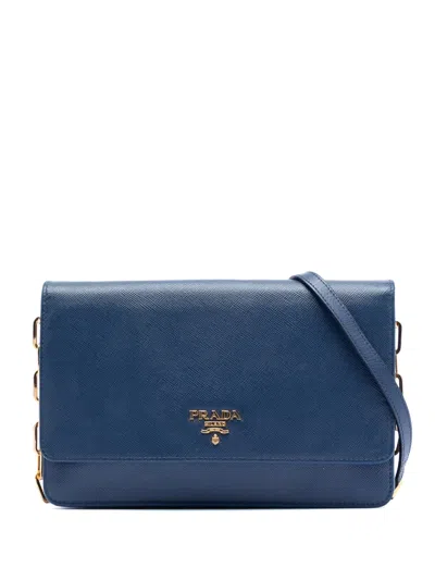 Pre-owned Prada 2010-2026 Saffiano Wallet On Chain Crossbody Bag In Blue