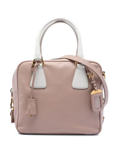 Pre-owned Prada 2010-2026 Small Bicolor Saffiano Square Bauletto Satchel In Pink