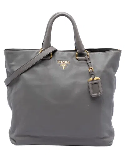Pre-owned Prada 2010-2026 Soft Calf Open Convertible Tote Satchel In Gray