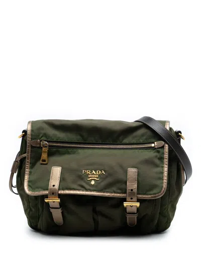 Pre-owned Prada 2010-2026 Tessuto Zip Double Buckle Messenger Bag Crossbody Bag In Green