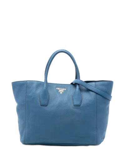 Pre-owned Prada 2010-2026 Vitello Daino Open Convertible Tote Satchel In Blue