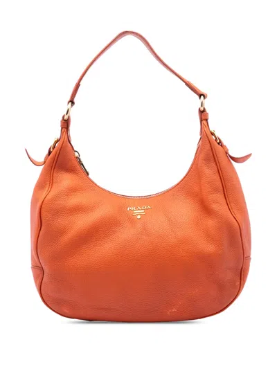 Pre-owned Prada 2010-2026 Vitello Daino Zip Top Hobo Shoulder Bag In Orange