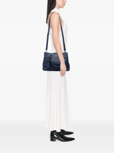 Pre-owned Prada 2010-2026 Vitello Daino Zip Top Satchel In Blue