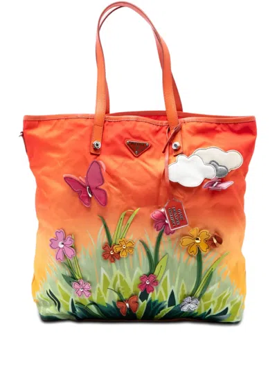 Pre-owned Prada 2010 Limited Edition Saffiano Trimmed Tessuto Garden City Tote Satchel In Orange